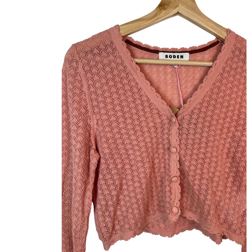 Boden Cropped Knit Cardigan Women's Sz S Pink 100% Cotton Scalloped Coquette
